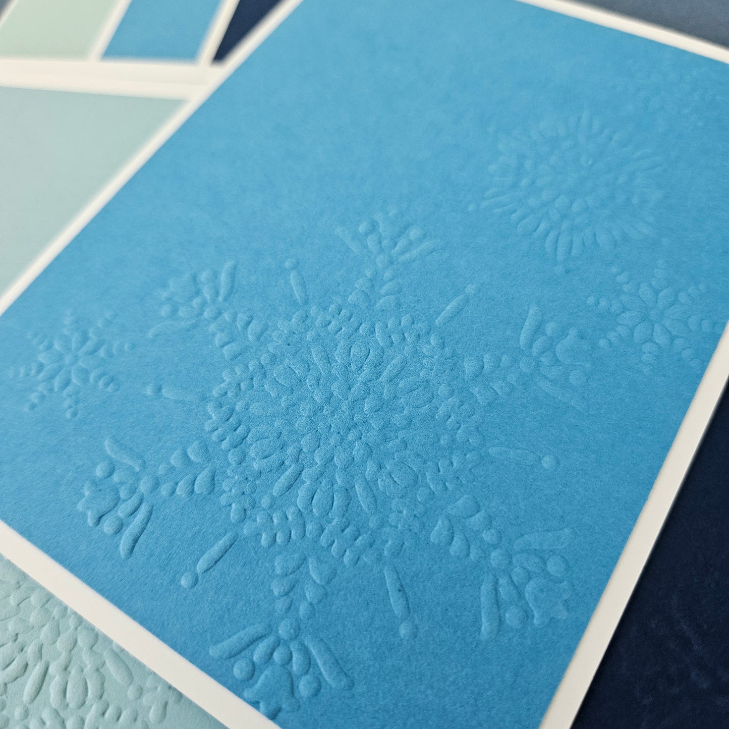 Embossed Holiday Note Cards, Handmade Winter Snowflake Stationery Set of 10 in Icy Blue Colors