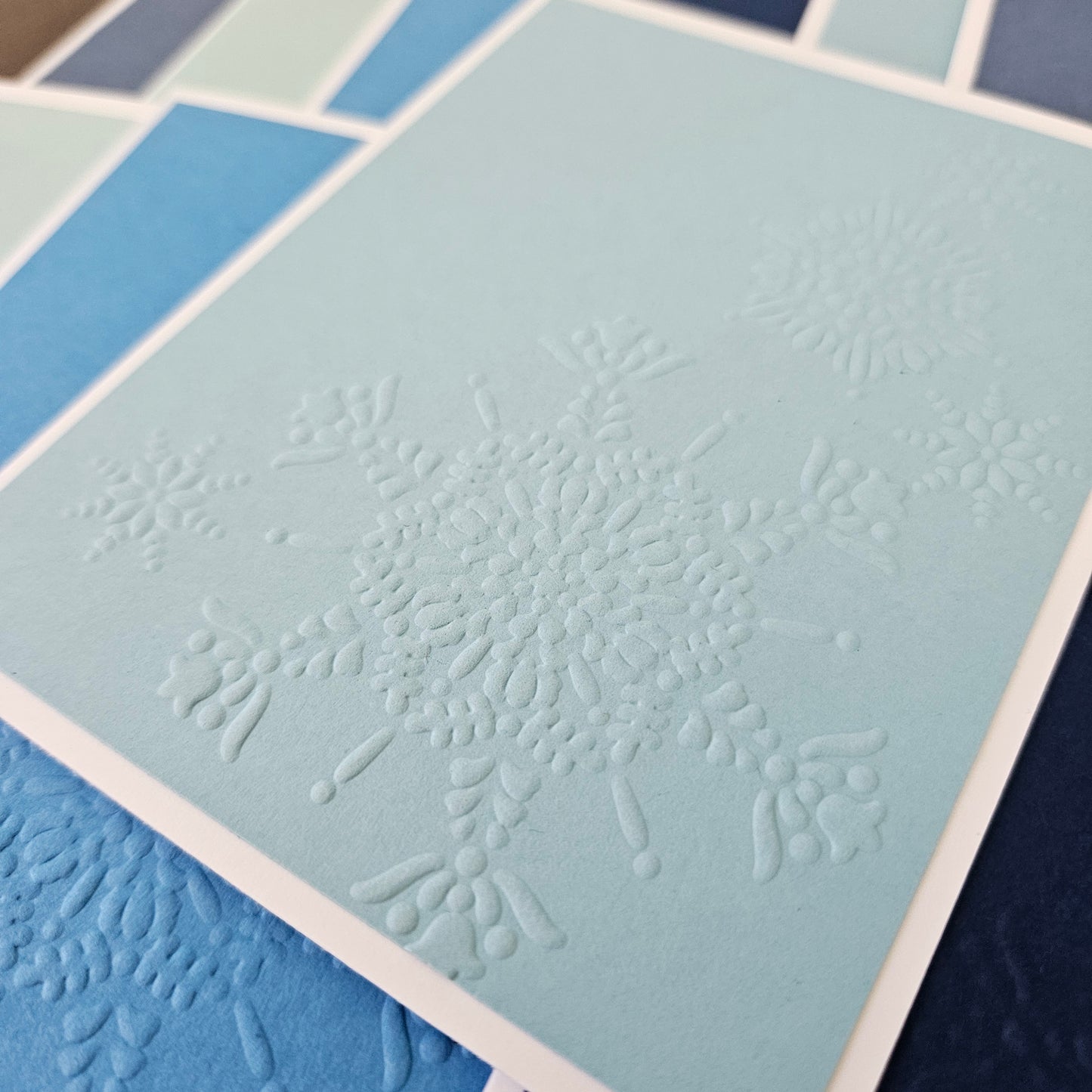 Embossed Holiday Note Cards, Handmade Winter Snowflake Stationery Set of 10 in Icy Blue Colors