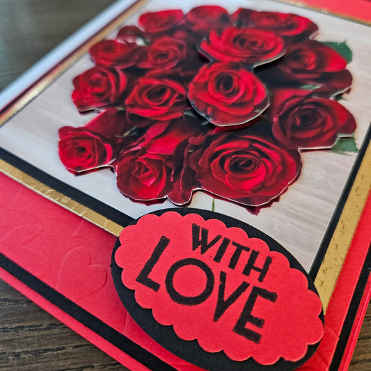 Handmade Valentine's Card, 3D Decoupage Anniversary Greeting Card, Bouquet Of Red Roses