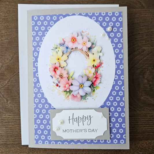 Handmade Mother’s Day Card - Floral Wreath Elegance, 3D Decoupage Design