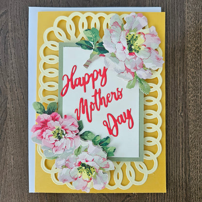 Handmade Mother’s Day Card, Floral Die-Cut & Decoupage Card, Yellow Greeting Card for Mom, Step Mom, Blooming Flowers